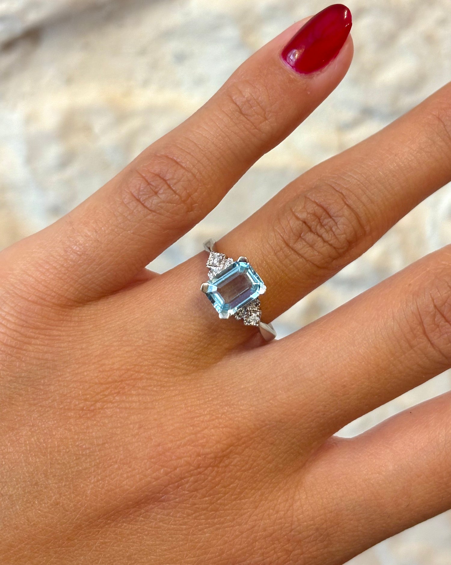 Bague Trilogie Style Art-déco Aigue-Marine &amp; Diamants &quot;Angelia&quot;