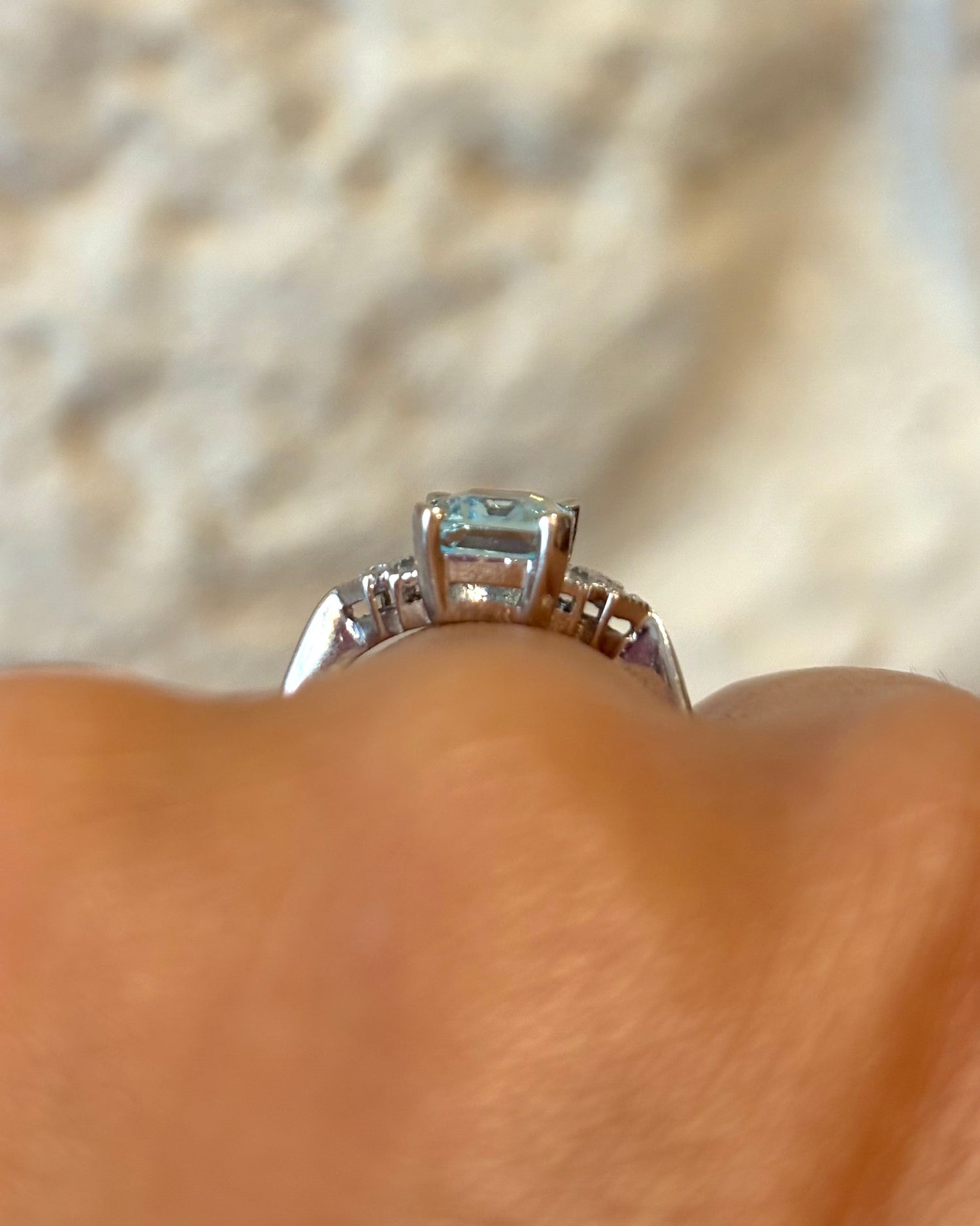 Bague Trilogie Style Art-déco Aigue-Marine &amp; Diamants &quot;Angelia&quot;