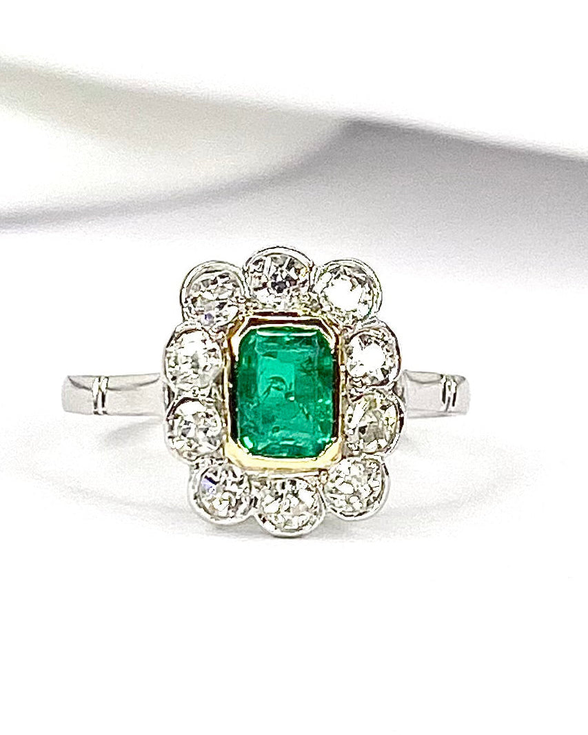 Art Deco Marguerite Ring Emerald 0.56 carat &amp; Diamonds 0.55 carat "Flore"