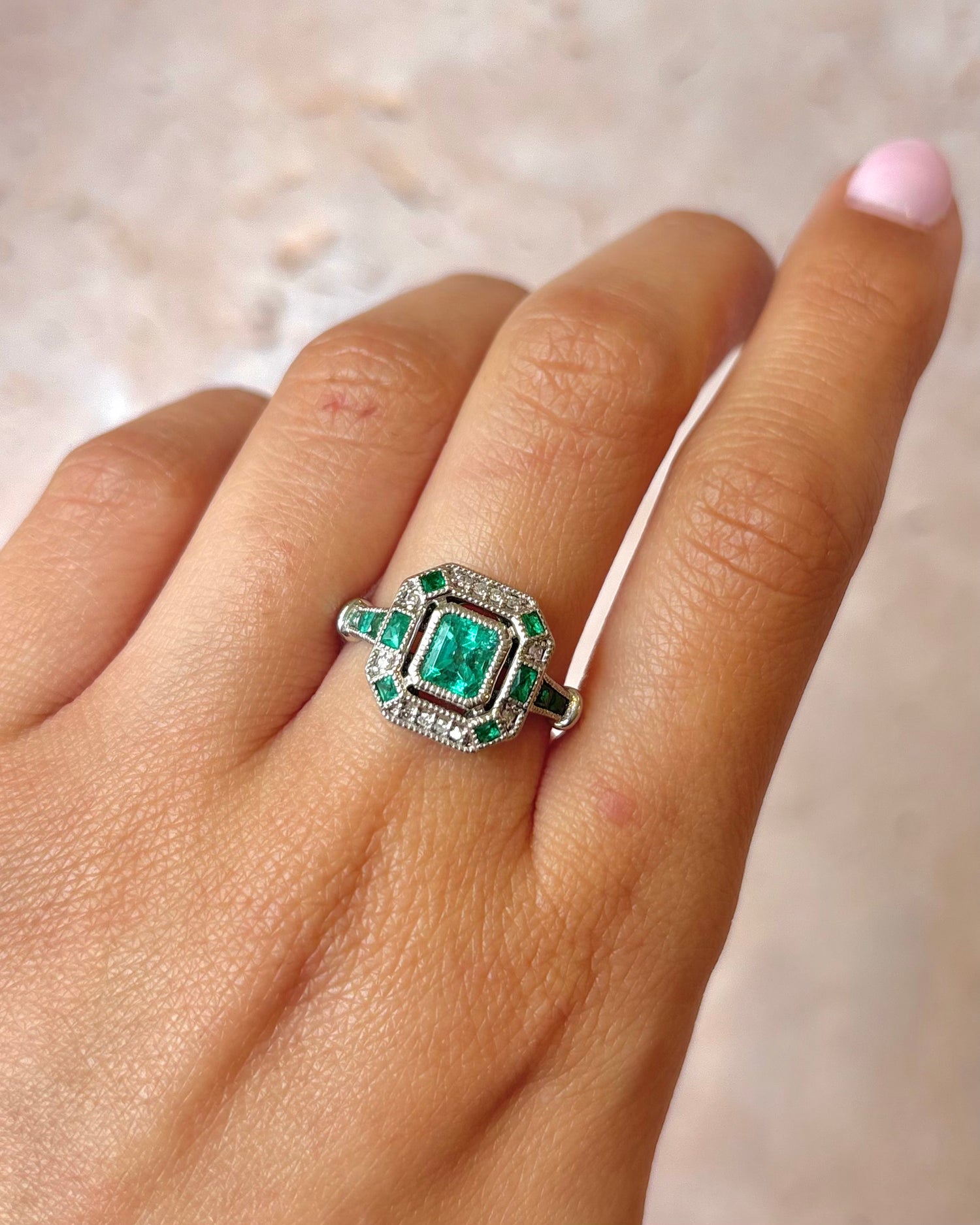 Art Deco Style Ring with Colombian Emeralds &amp; Diamonds "Paola"