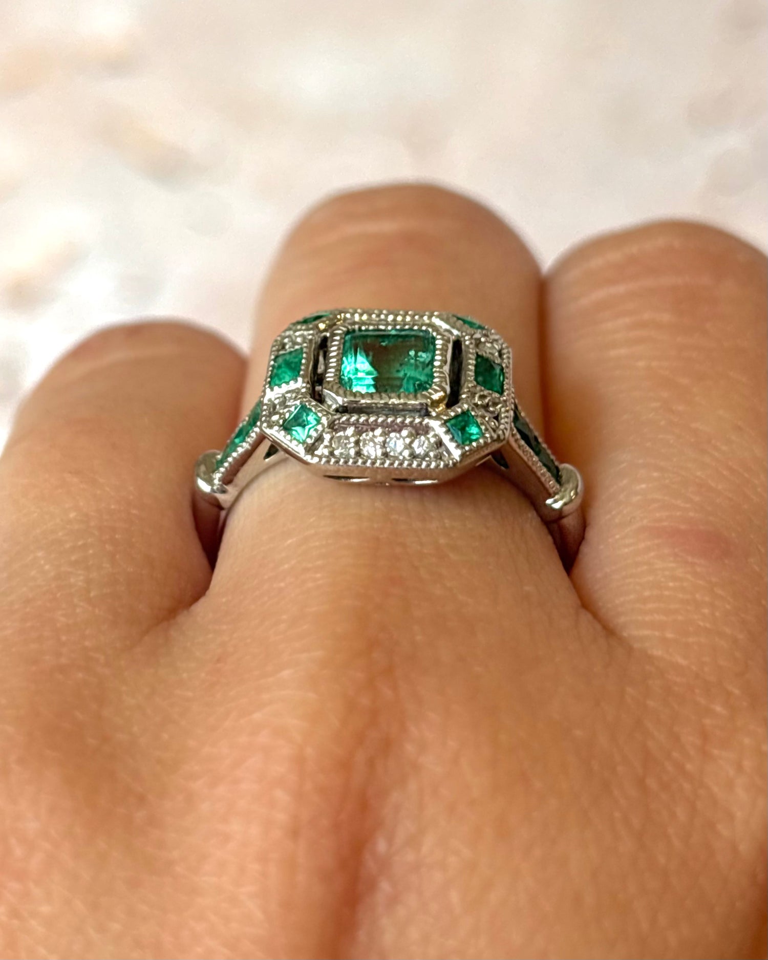 Art Deco Style Ring with Colombian Emeralds &amp; Diamonds "Paola"