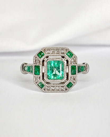 Art Deco Style Ring with Colombian Emeralds &amp; Diamonds "Paola"