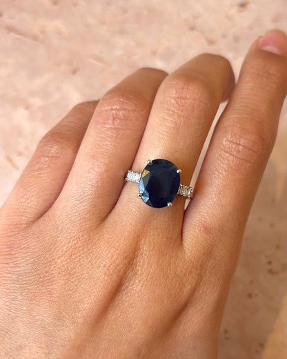 Trilogy Sapphire Ring 4.77 Carats &amp; Baguette Diamonds 0.24 Carat "Célia"