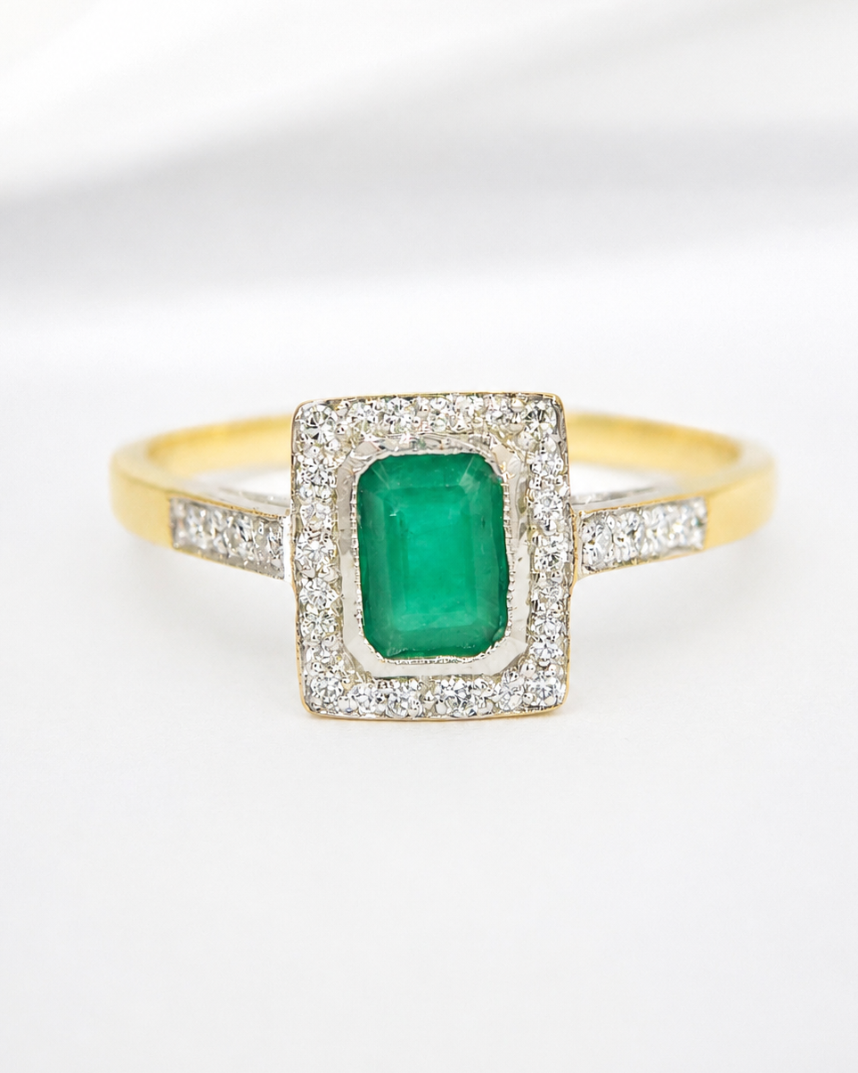 Bague Style Art-Déco Émeraude 0.60 carat &amp; Diamants 0.20 carat "Serafine"