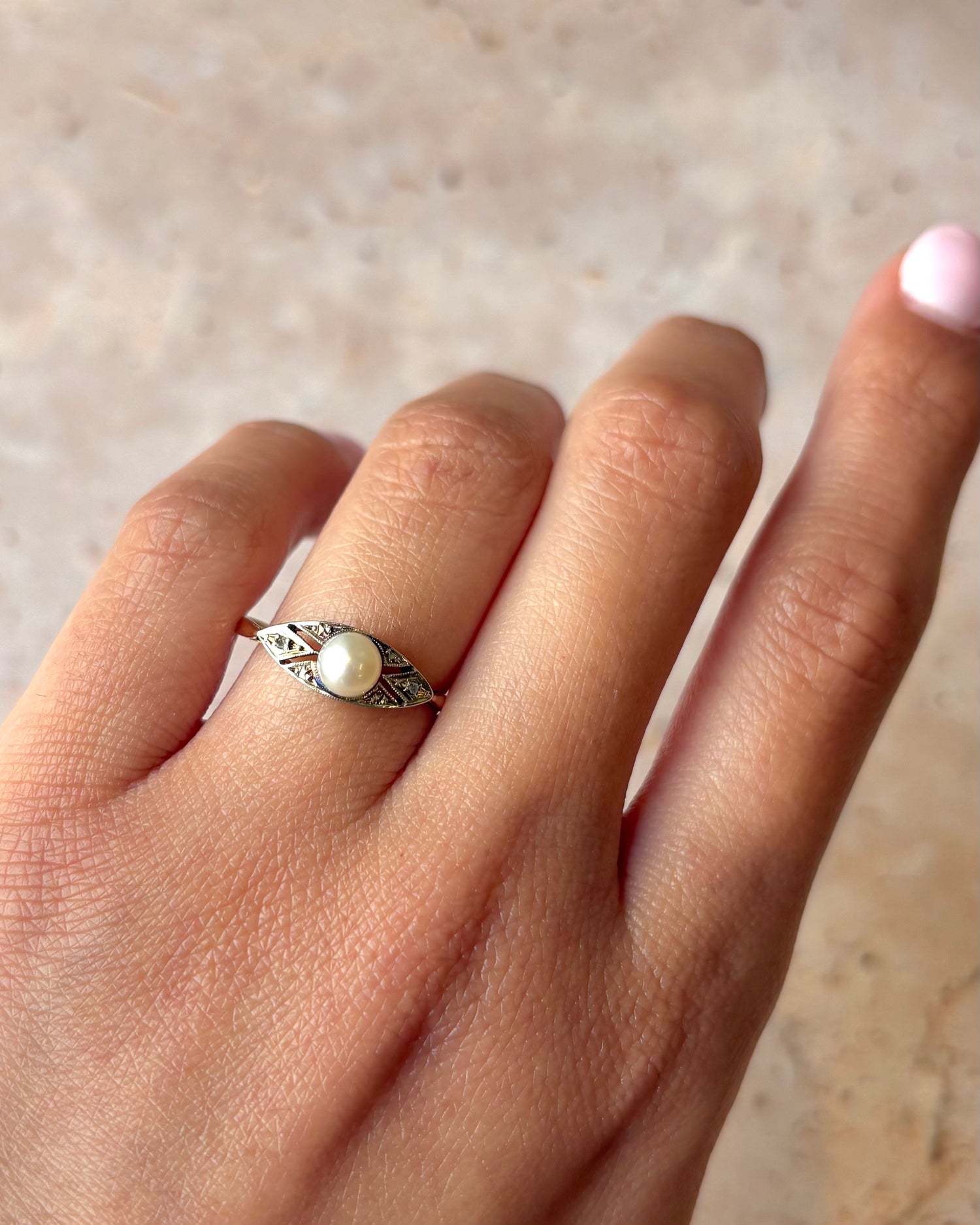 Bague Art-Déco Perle &amp; Diamants "Lina"
