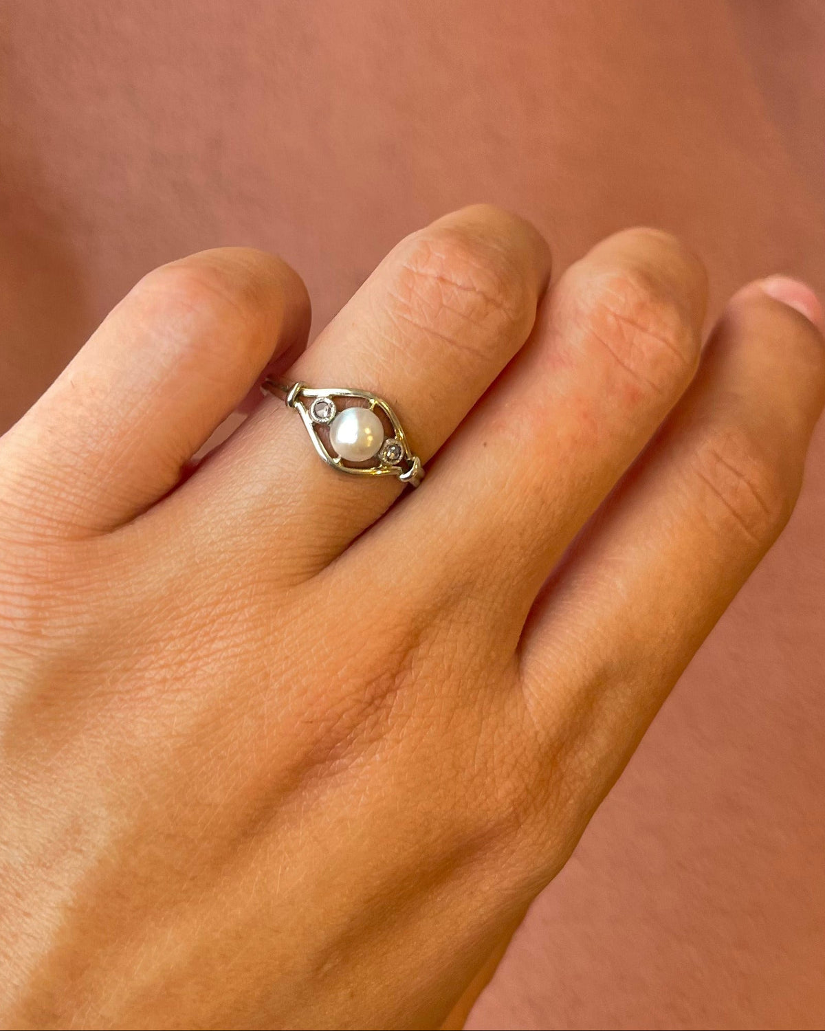 Art Deco Pearl &amp; Diamond Ring "Helene"