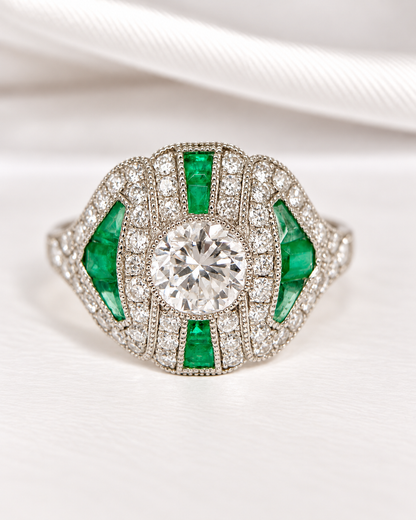 Art Deco Style Ring Diamonds 1.51 carat &amp; Emeralds 0.54 carat "Shana"