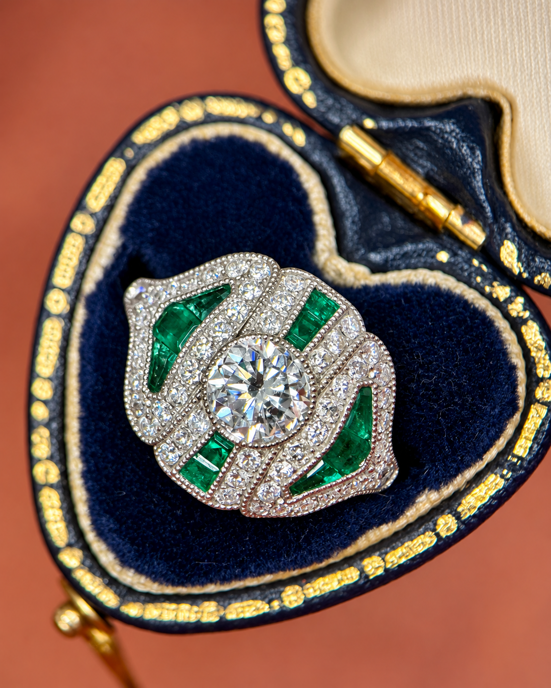 Art Deco Style Ring Diamonds 1.51 carat &amp; Emeralds 0.54 carat "Shana"
