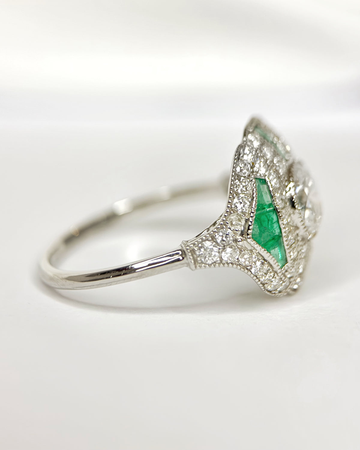 Art Deco Style Ring Diamonds 1.51 carat &amp; Emeralds 0.54 carat "Shana"