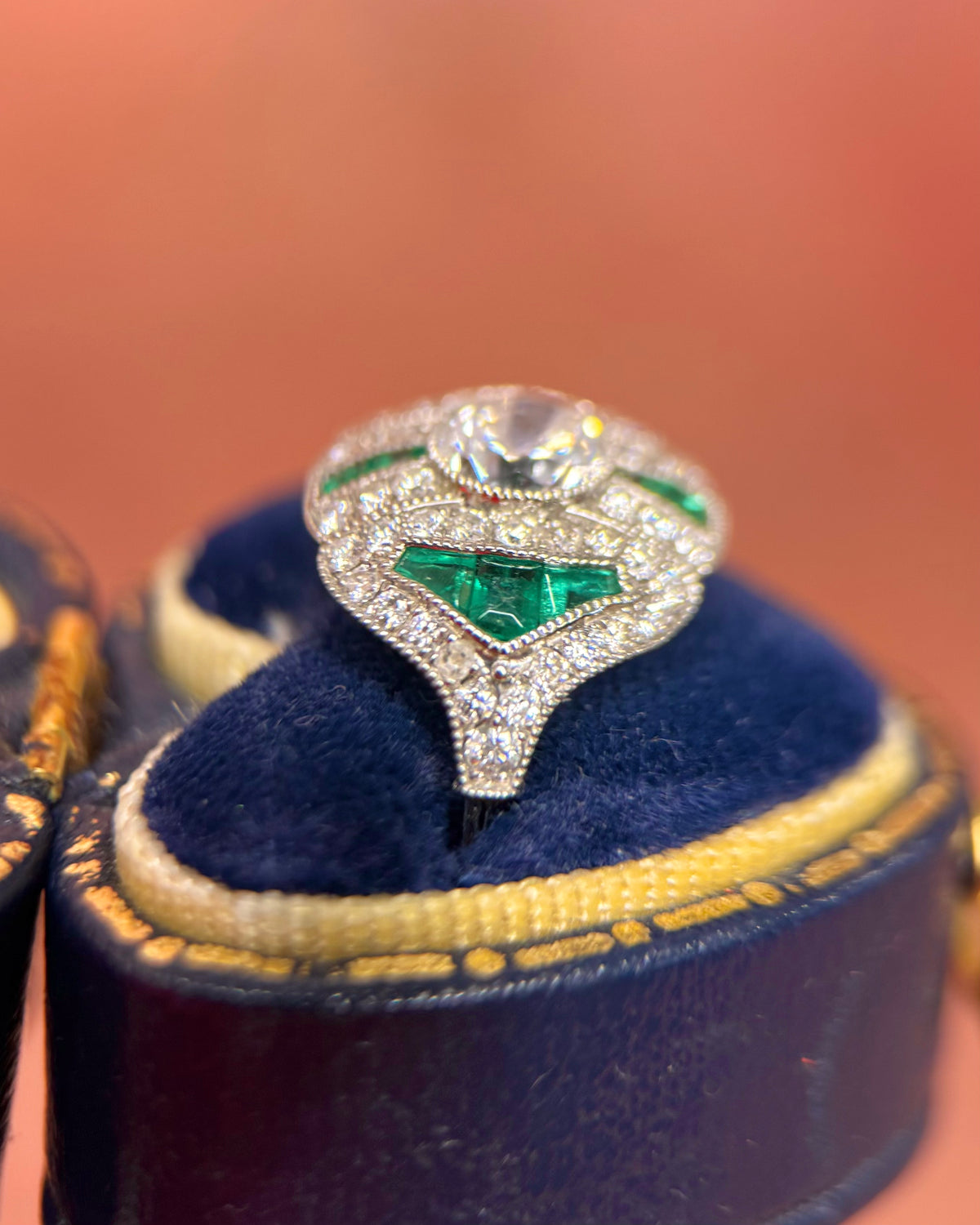 Art Deco Style Ring Diamonds 1.51 carat &amp; Emeralds 0.54 carat "Shana"