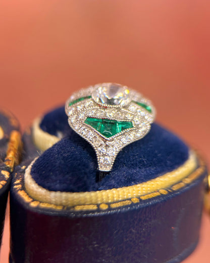 Art Deco Style Ring Diamonds 1.51 carat &amp; Emeralds 0.54 carat "Shana"