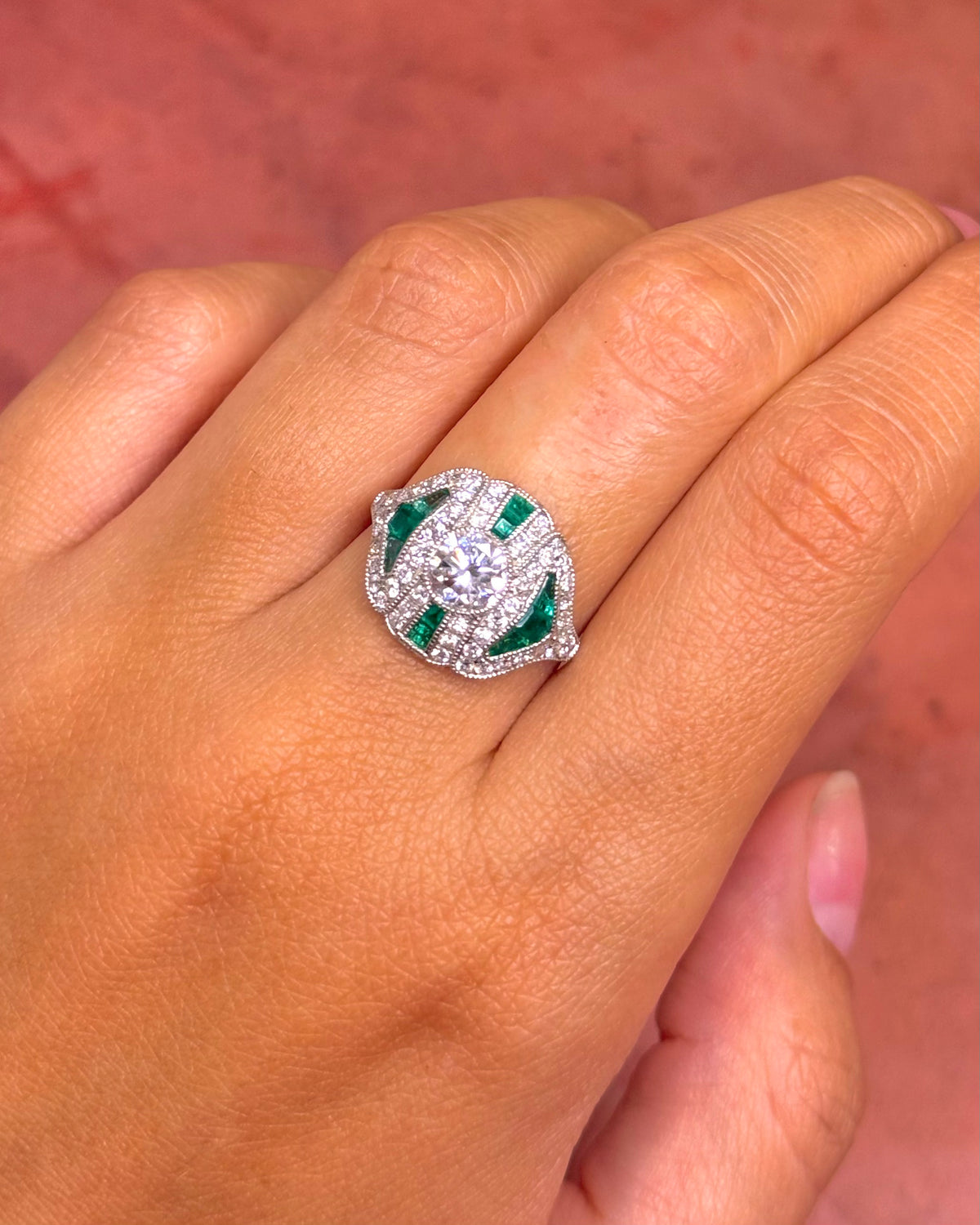 Art Deco Style Ring Diamonds 1.51 carat &amp; Emeralds 0.54 carat "Shana"