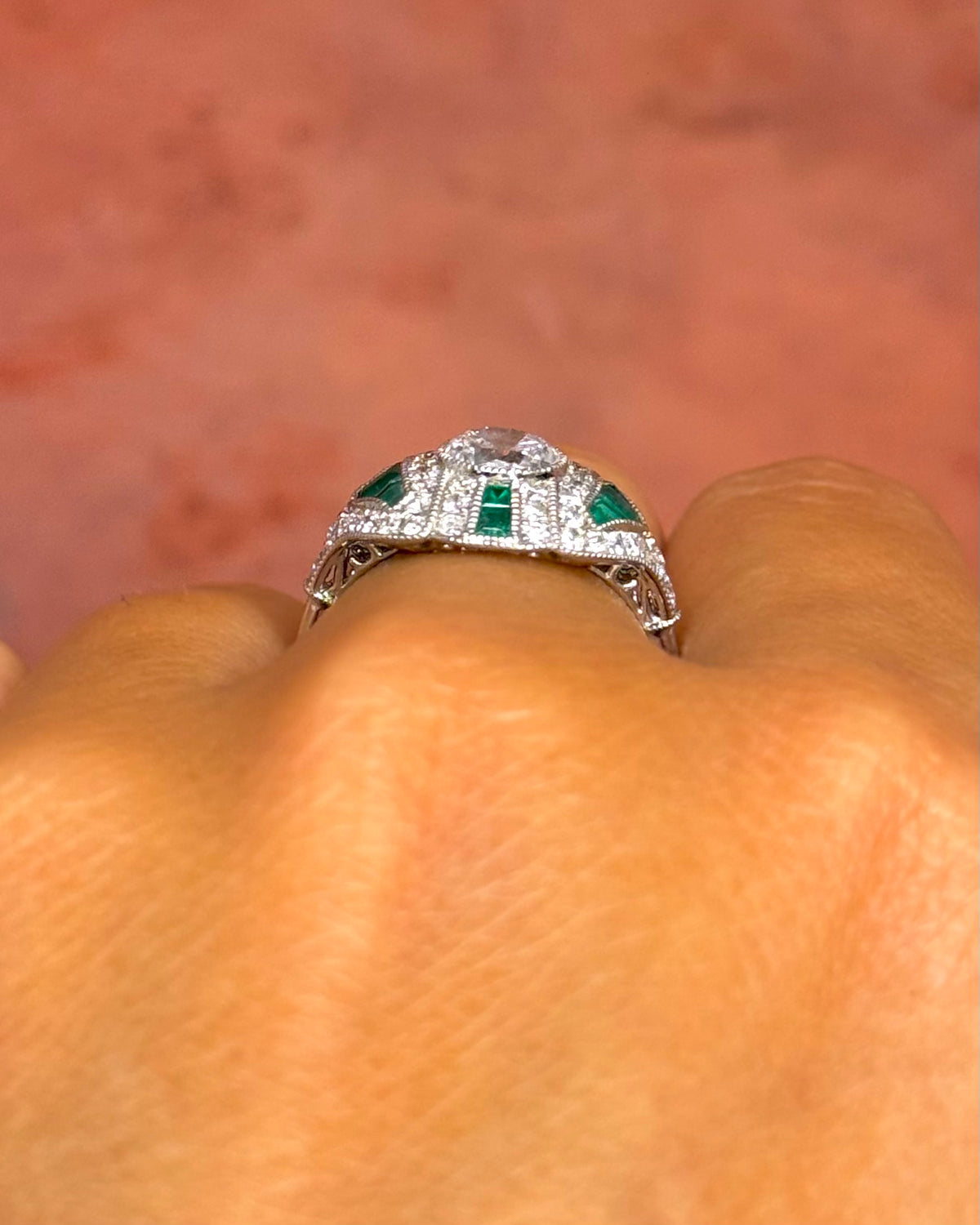 Art Deco Style Ring Diamonds 1.51 carat &amp; Emeralds 0.54 carat "Shana"
