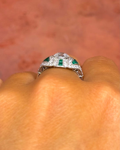 Art Deco Style Ring Diamonds 1.51 carat &amp; Emeralds 0.54 carat "Shana"