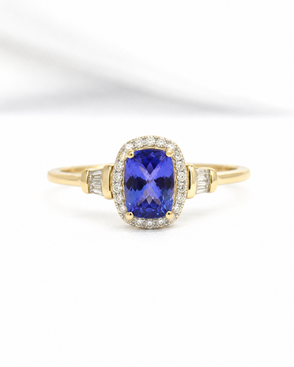 Bague Solitaire Style Art-Déco Tanzanite 1 carat &amp; Diamants 0.31 carat "Alizée"