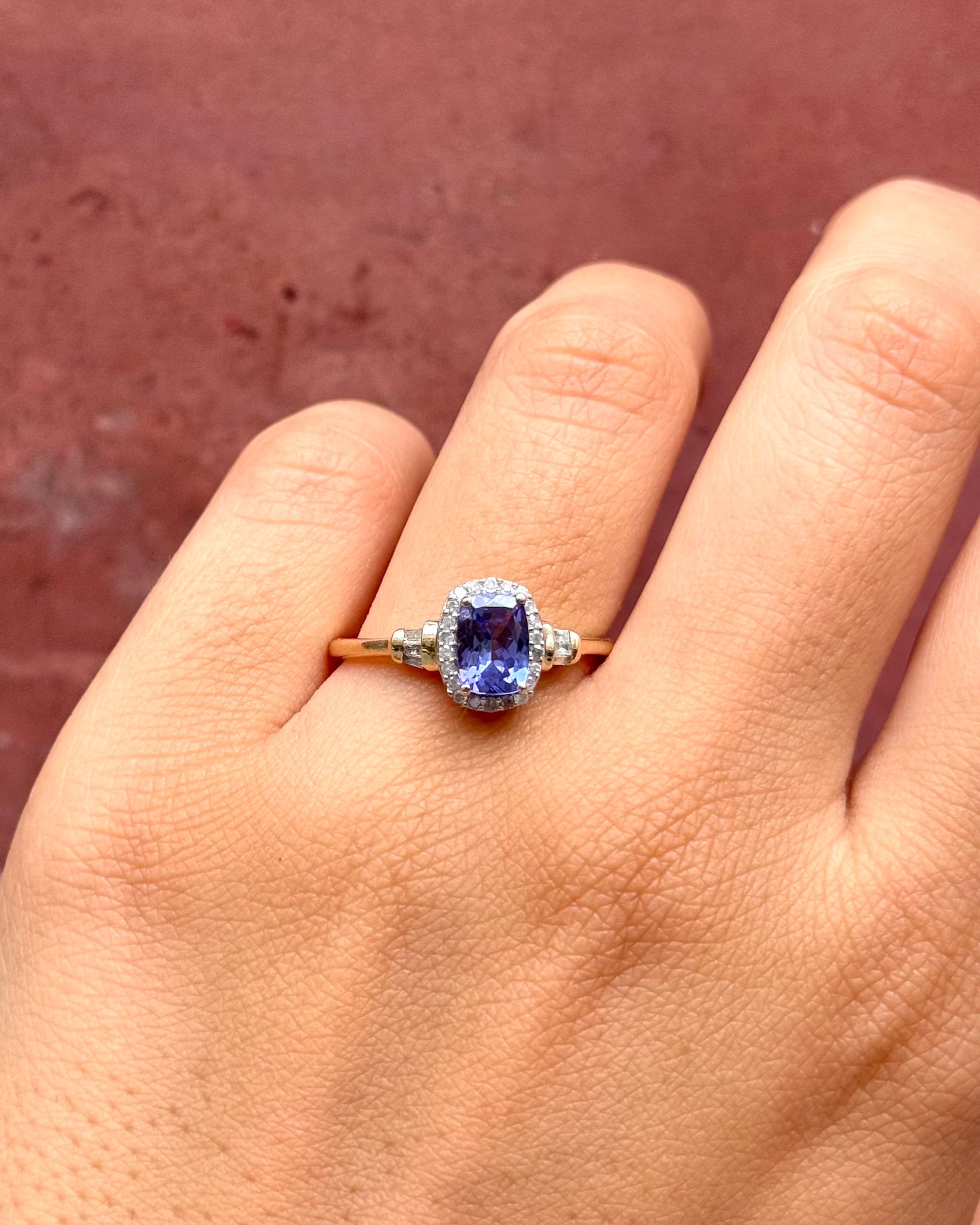 Bague Solitaire Style Art-Déco Tanzanite 1 carat &amp; Diamants 0.31 carat "Alizée"
