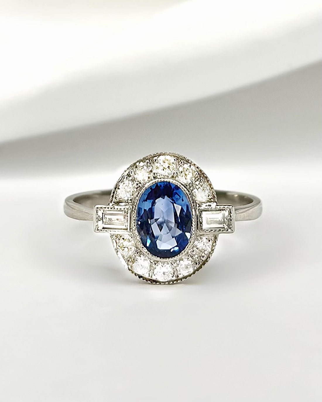 Art Deco Style Ring Sapphire 0.72 Carat &amp; Diamonds 0.24 Carat "Rebecca"