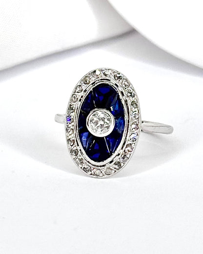 Bague Art-Déco Saphir 0.80 carat &amp; Diamants 0.27 carat "Clarance"