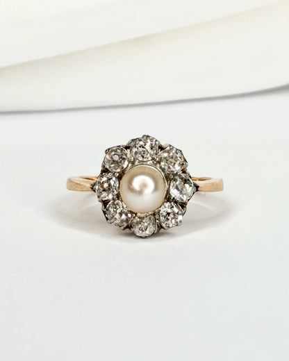 Bague Marguerite Perle &amp; Diamants Taille Ancienne 0.48 carat "Manna" - Elliade Paris