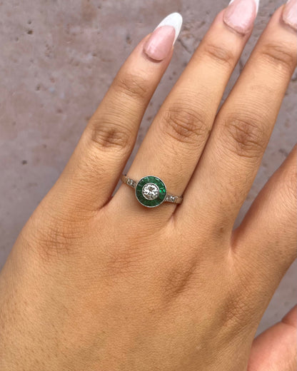 Art Deco Style Ring with 0.29 Carat Diamonds &amp; 0.28 Carat Emeralds "Olga"