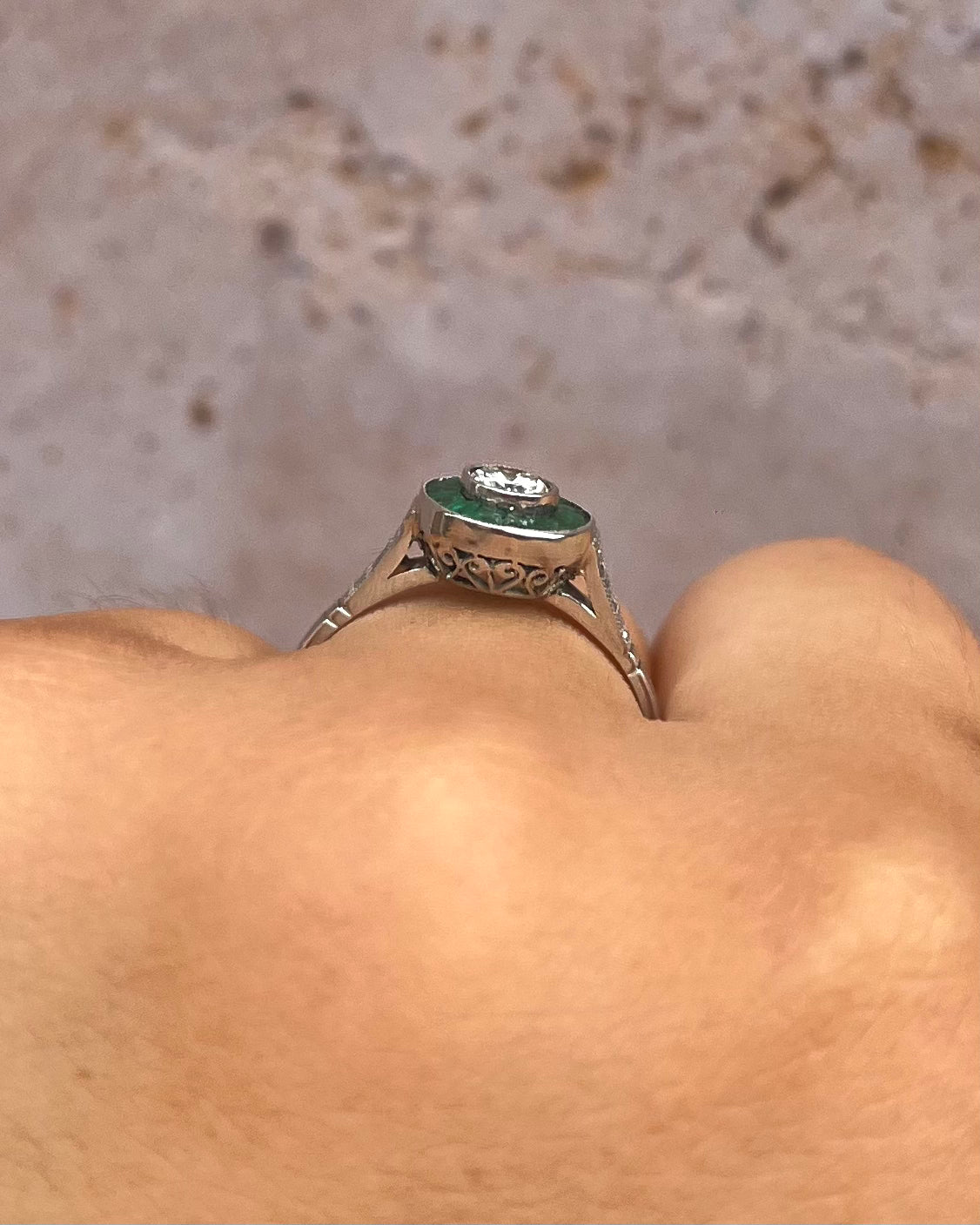 Art Deco Style Ring with 0.29 Carat Diamonds &amp; 0.28 Carat Emeralds "Olga"