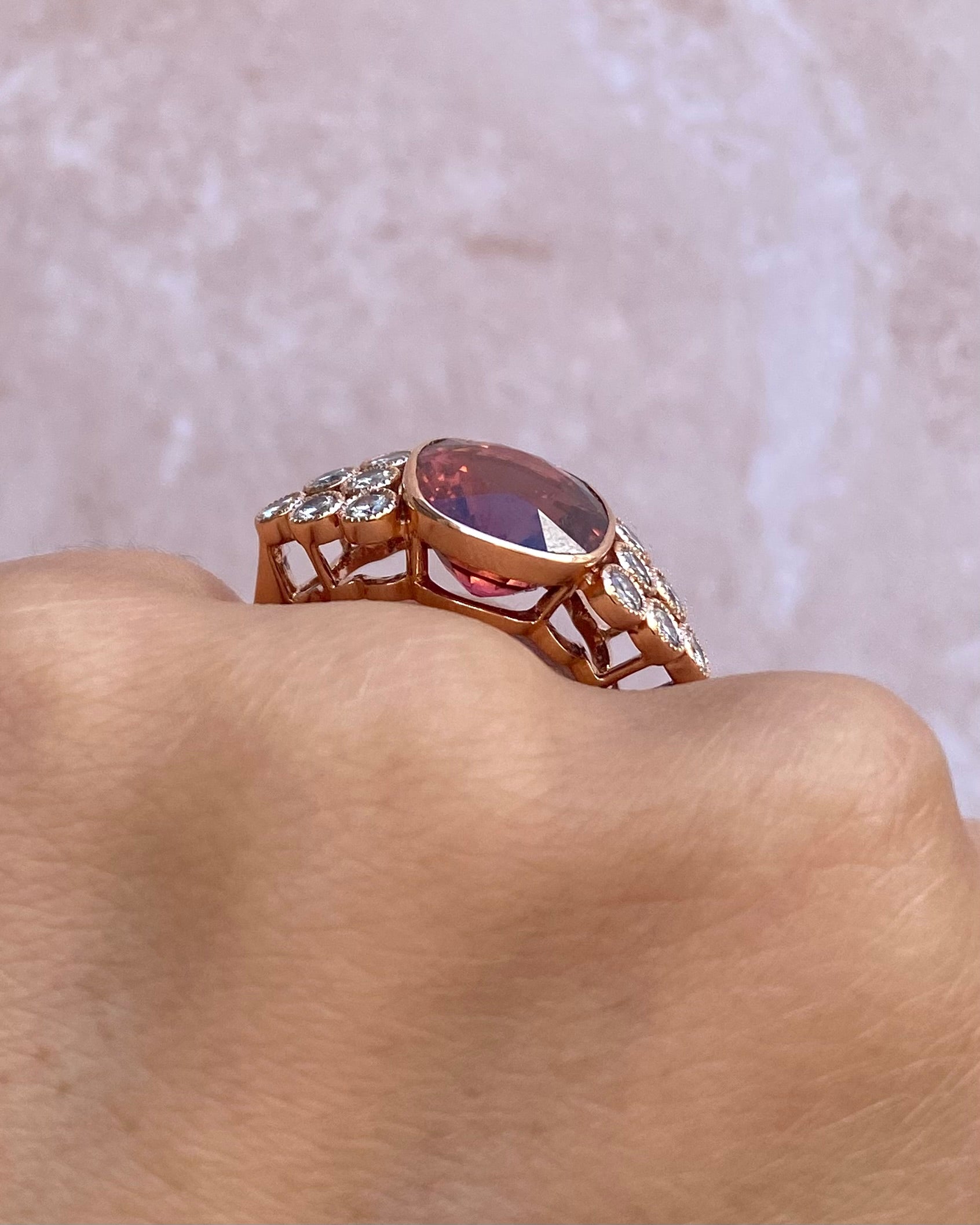 Mozambican Tourmaline Trilogy Ring 6.69 carats, Diamonds 0.85 carat &amp; Gold 7.09g "Siyu"