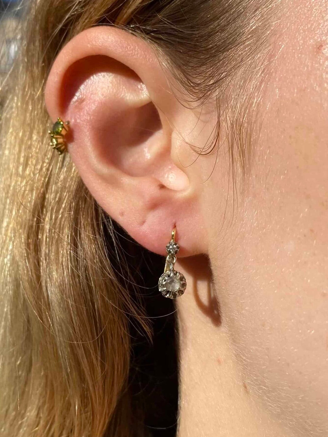 &quot;Dorothe&quot; Gold and Platinum Diamond Sleeper Earrings