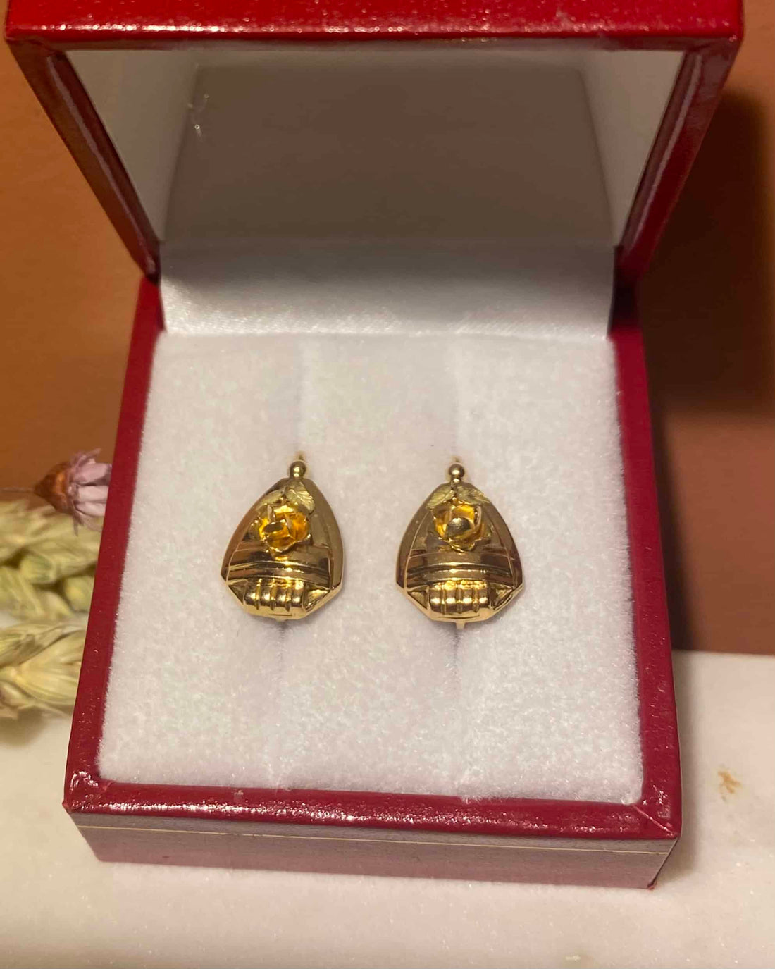 Dormeuses Vintage Or Jaune et Vert 18 Carats &quot;Lucille&quot;