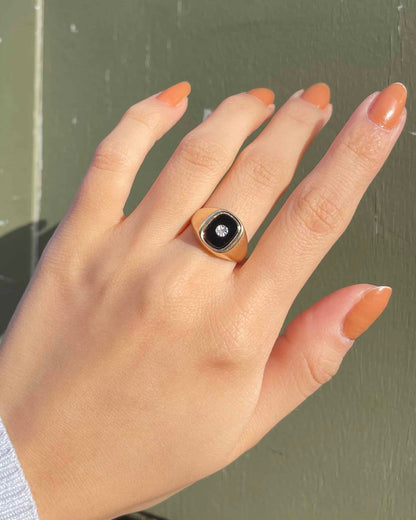 Chevalière vintage Onyx  &amp; Diamant &quot;Astrid&quot;