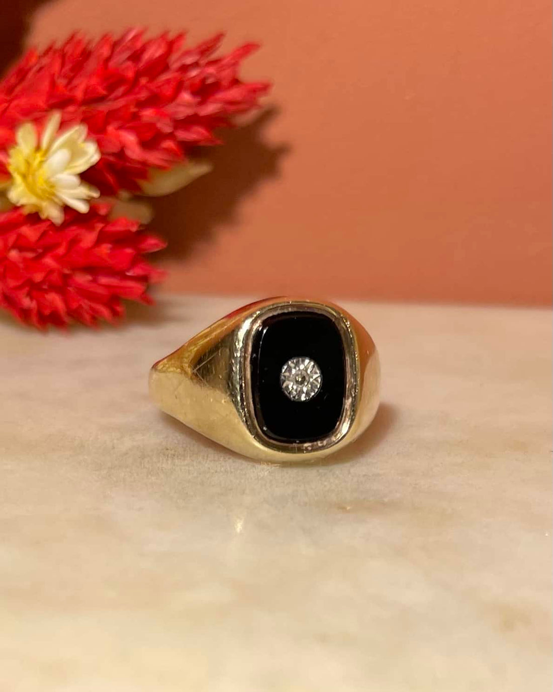 Chevalière vintage Onyx  &amp; Diamant &quot;Astrid&quot;