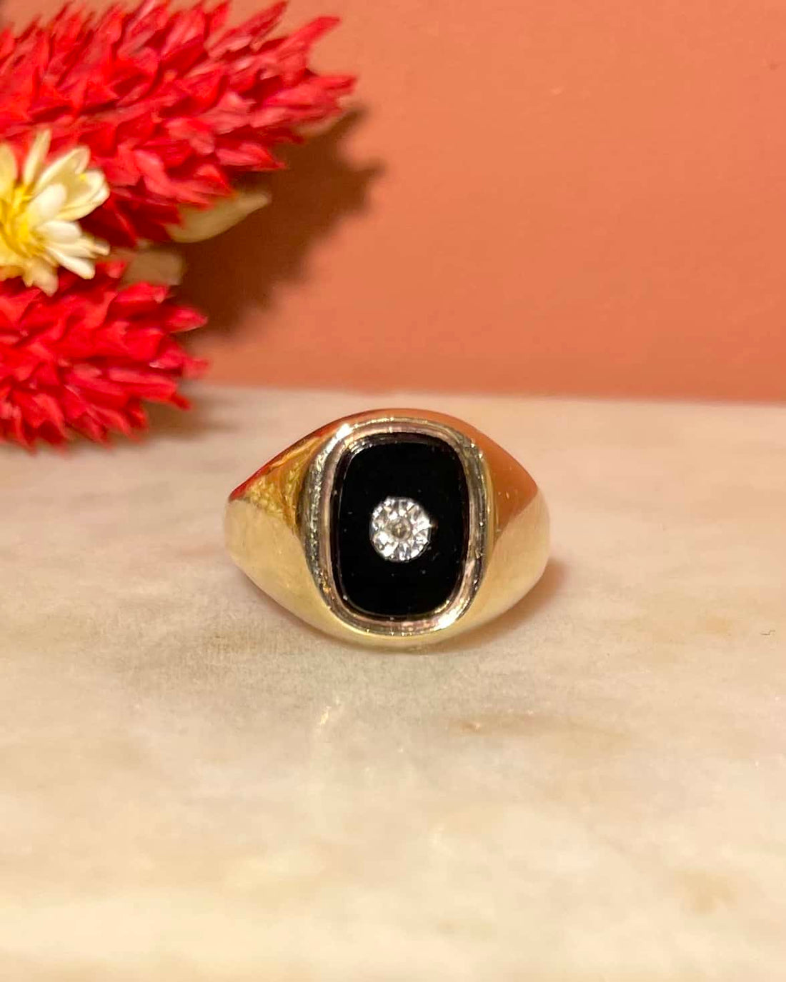 Chevalière vintage Onyx  &amp; Diamant &quot;Astrid&quot;