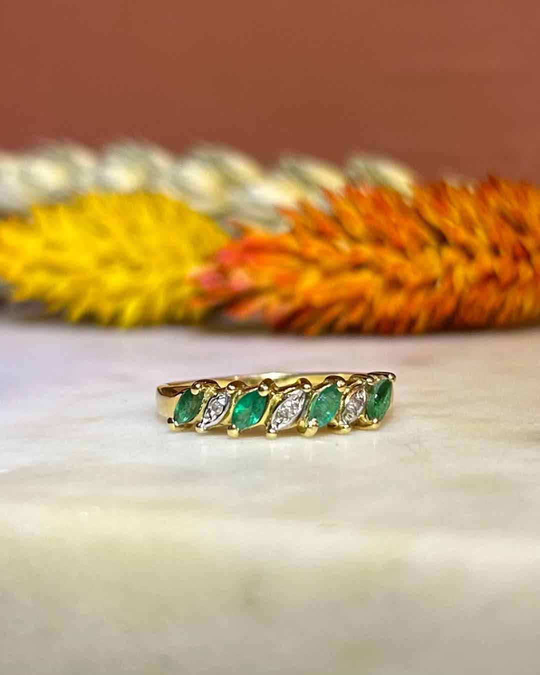 "Melody" Emerald &amp;amp; Diamond Half Wedding Band