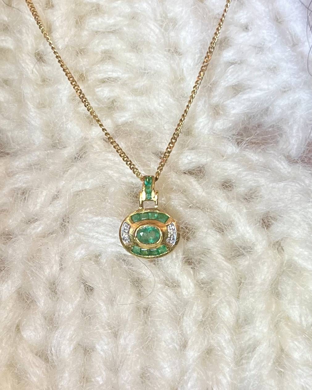Pendentif Art-déco Emeraudes Calibrées &amp; diamants "Jeanne"