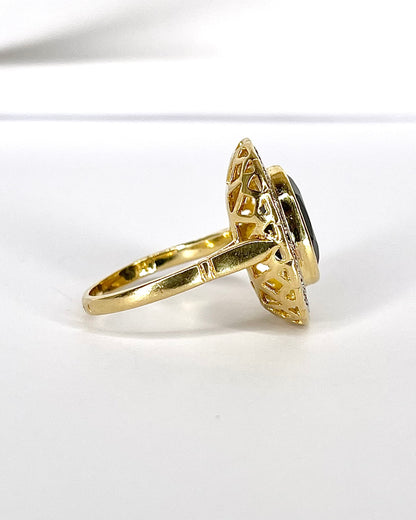Anillo Marguerite Estilo Art Déco Zafiro 4.60 quilates, Diamantes y Oro 7.86g "Mélissa"