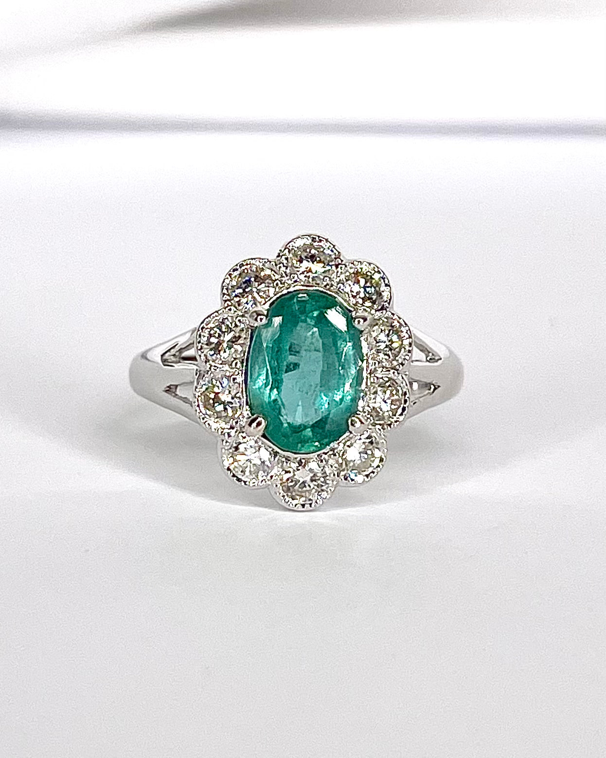 Emerald Daisy Ring 1.35 Carat &amp; Diamonds 0.68 Carat "Vanessa"