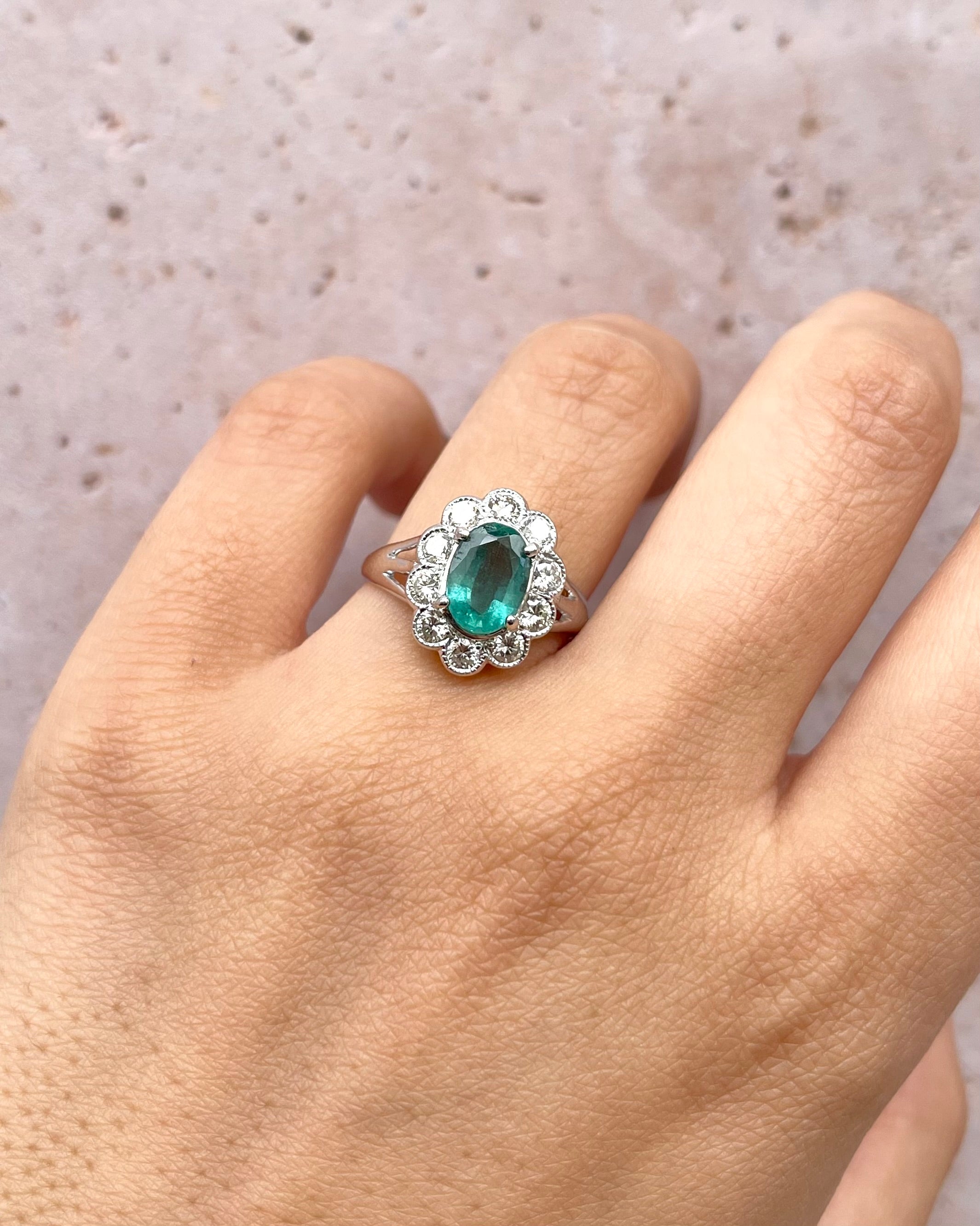 Emerald Daisy Ring 1.35 Carat &amp; Diamonds 0.68 Carat "Vanessa"
