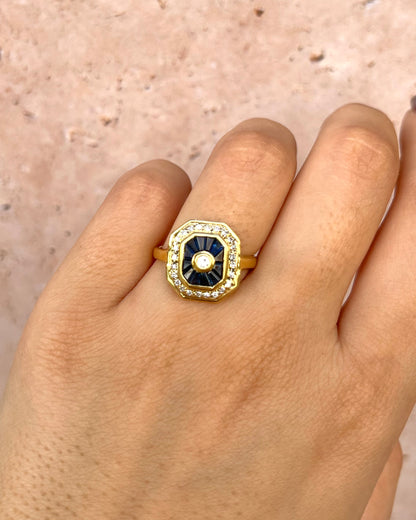 Anillo estilo Art Déco 12 zafiros 0,84 quilates y 25 diamantes "Madeline"