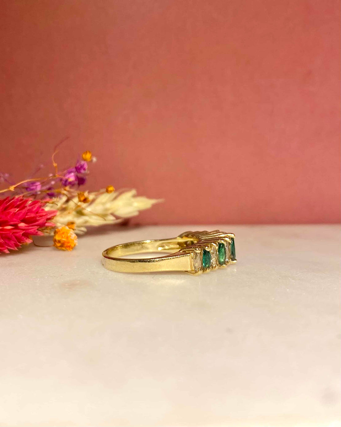 &quot;Marion&quot; 5 Emerald &amp;amp; 6 Diamond River Ring 0.66 carat