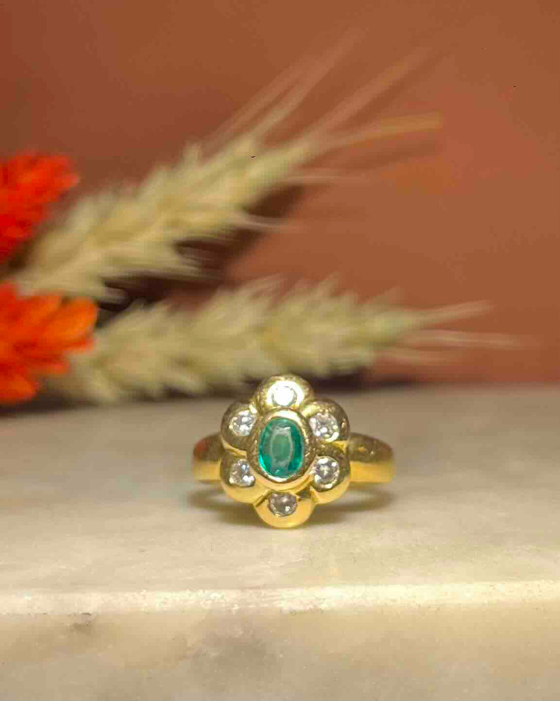 &quot;Raya&quot; Emerald &amp;amp; 6 Diamond Daisy Ring
