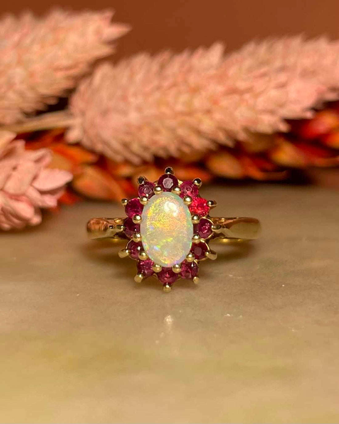 Bague marguerite Opale &amp; Rubis &quot;Orchelle&quot;