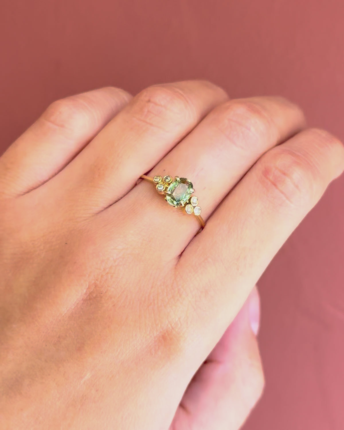 1-carat Green Sapphire &amp; Diamond Trilogy Ring "Nerine"