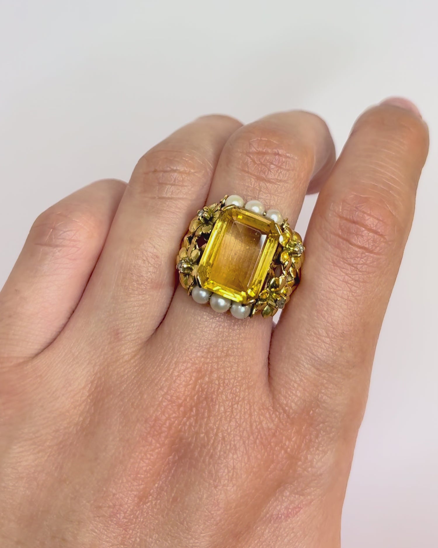 Bague Cocktail Citrine, Diamants, Perles &amp; Or 9,28g "Donna"