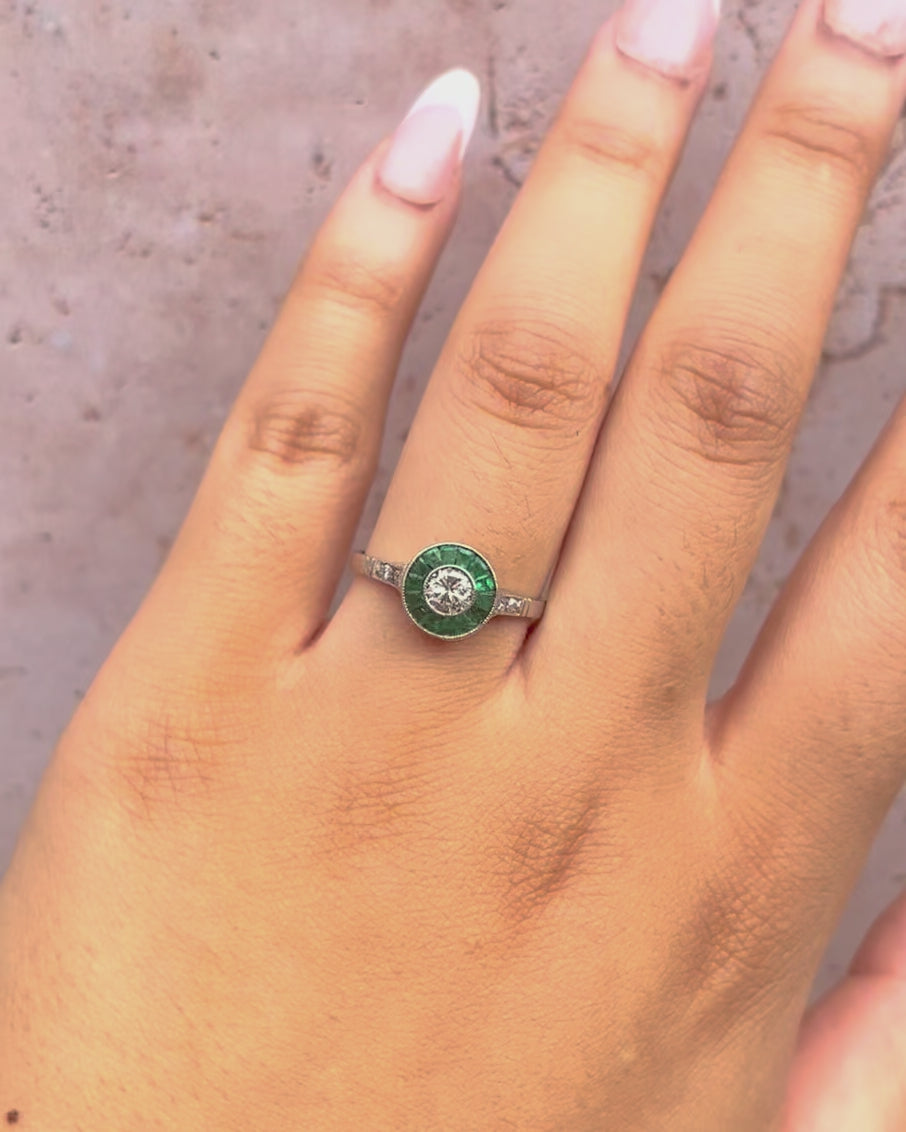 Art Deco Style Ring with 0.29 Carat Diamonds &amp; 0.28 Carat Emeralds "Olga"