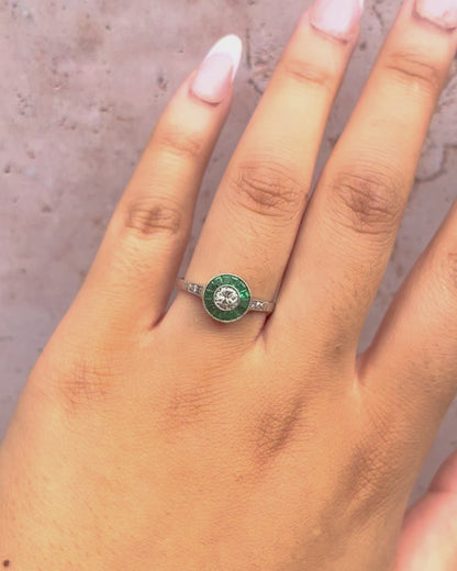 Art Deco Style Ring with 0.29 Carat Diamonds &amp; 0.28 Carat Emeralds "Olga"