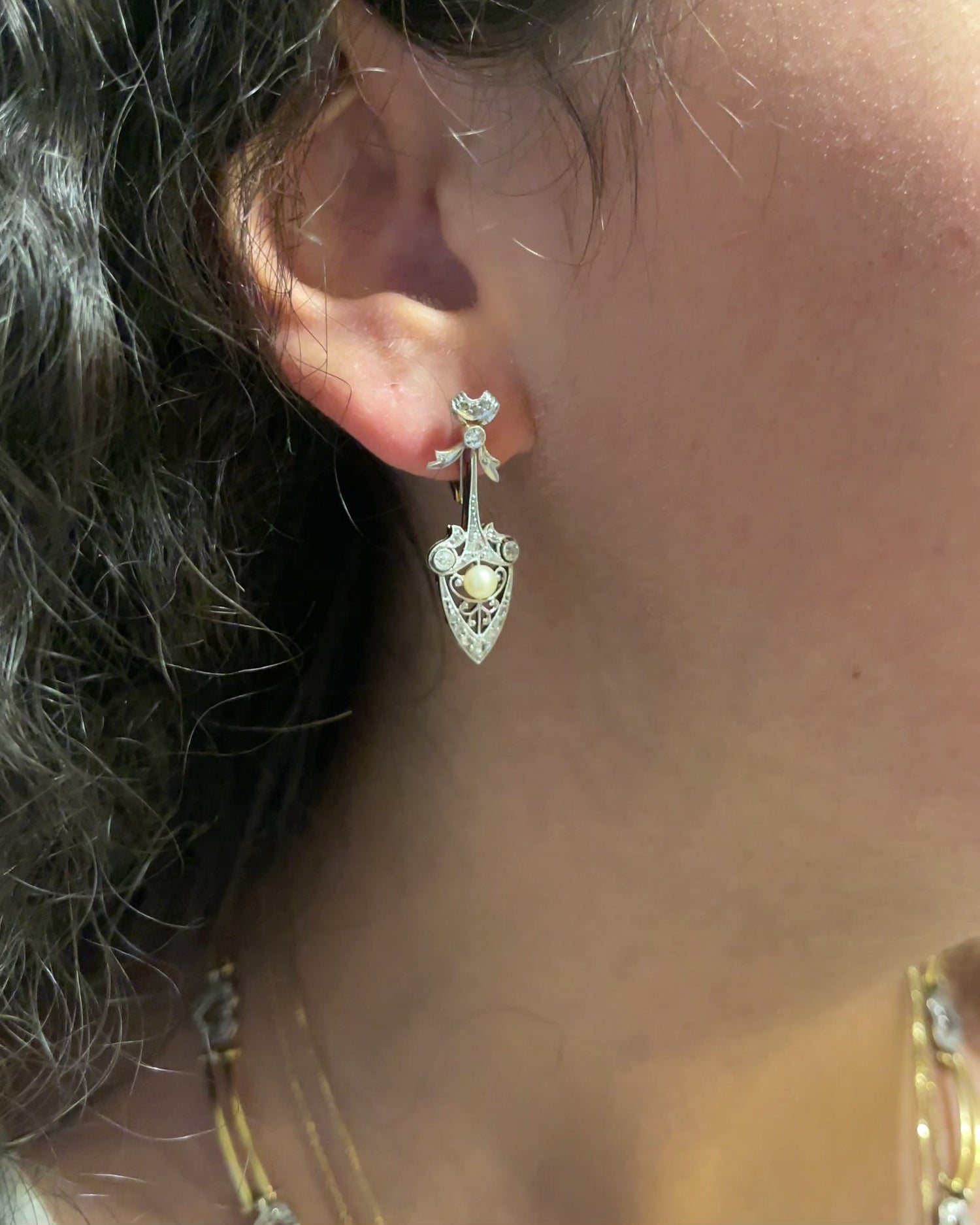 Art Deco Style Sleeping Earrings 38 Diamonds &amp; Pearls &quot;Hélène&quot;