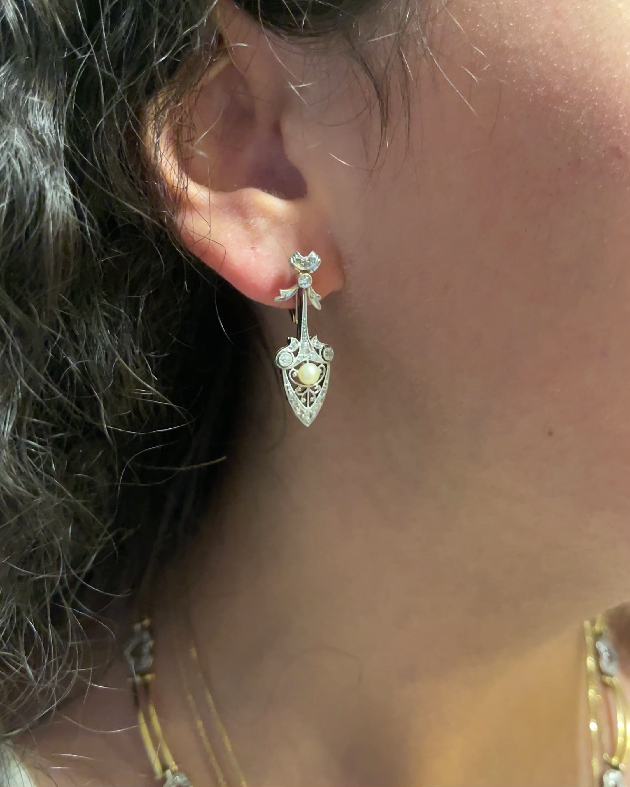 Art Deco Style Sleeping Earrings 38 Diamonds &amp; Pearls &quot;Hélène&quot;