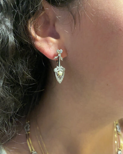 Art Deco Style Sleeping Earrings 38 Diamonds &amp; Pearls &quot;Hélène&quot;