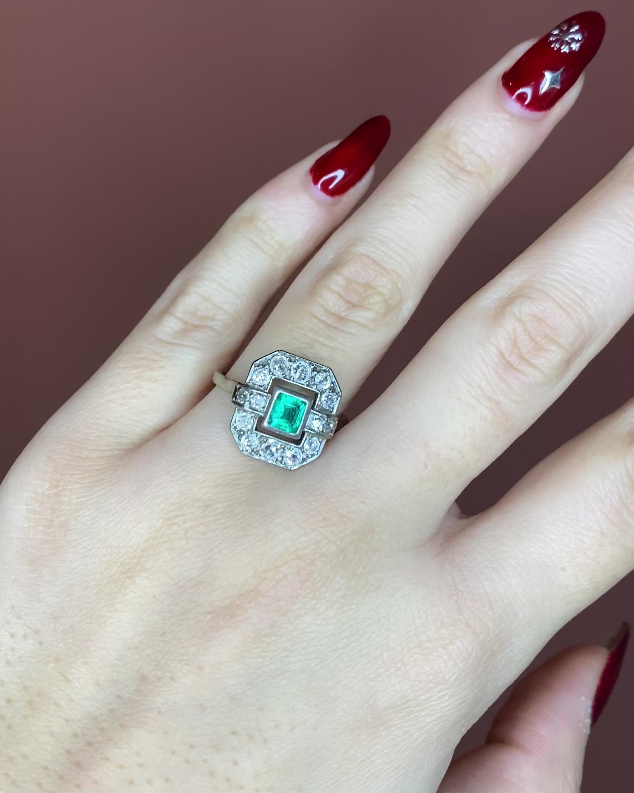 Art Deco Emerald 0.47 carat &amp; 12 Diamonds &quot;Olivia&quot; Ring