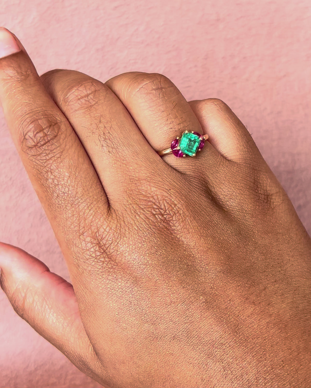 Colombian Emerald 1.34 carat &amp; Ruby 0.60 carat Trilogy Ring "Amalia"