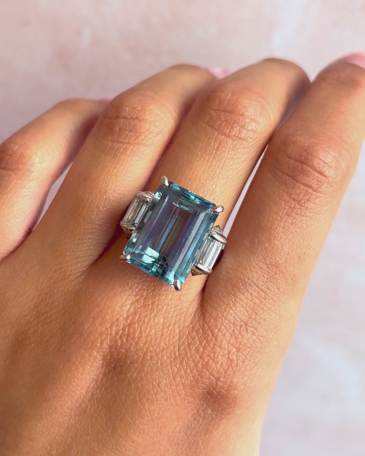 Aquamarine and diamond trilogy ring